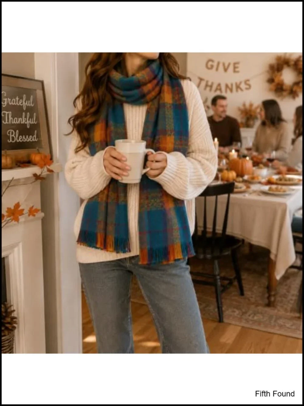 Oversized Plaid Winter Scarf Shawl Wrap with Tassel Fringe